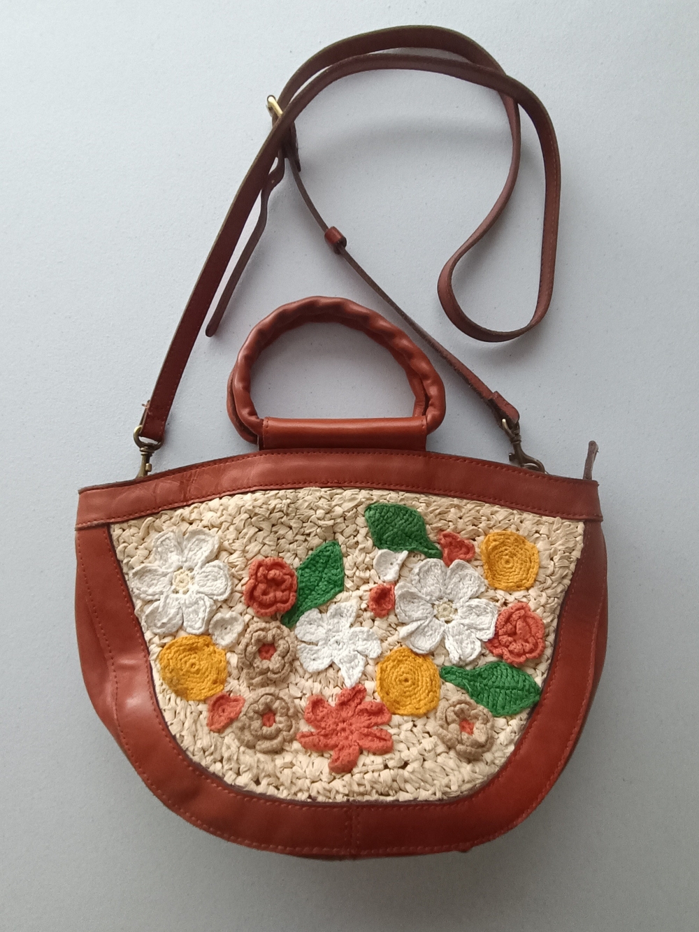 Woven Floral Accent Shoulder Bag - Brown